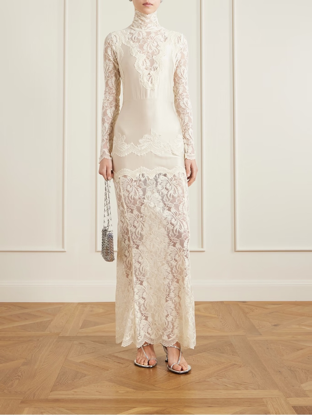 Rabanne Lace Trimmed Silk-Satin Maxi Dress